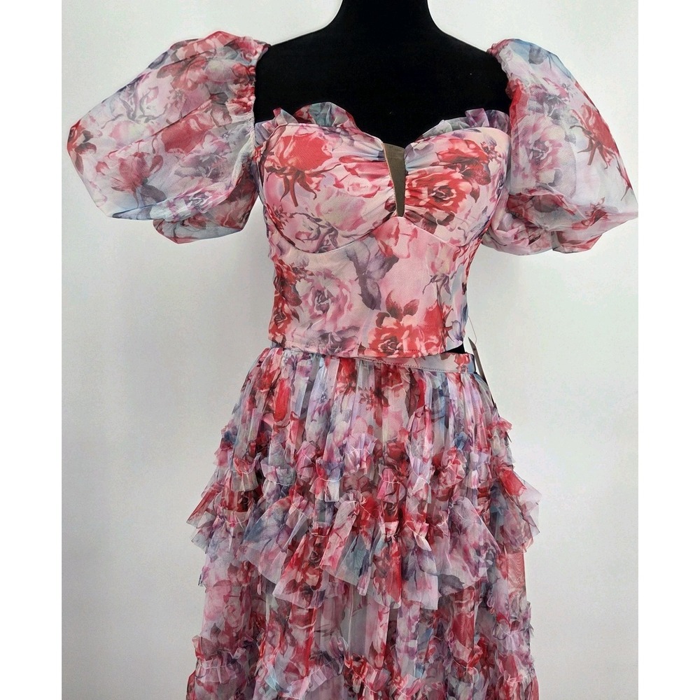 Nova Luxe Carmencita Chiffon Skirt Set Medium Pink Floral Ruffled Poof Sleeves - Picture 5 of 9